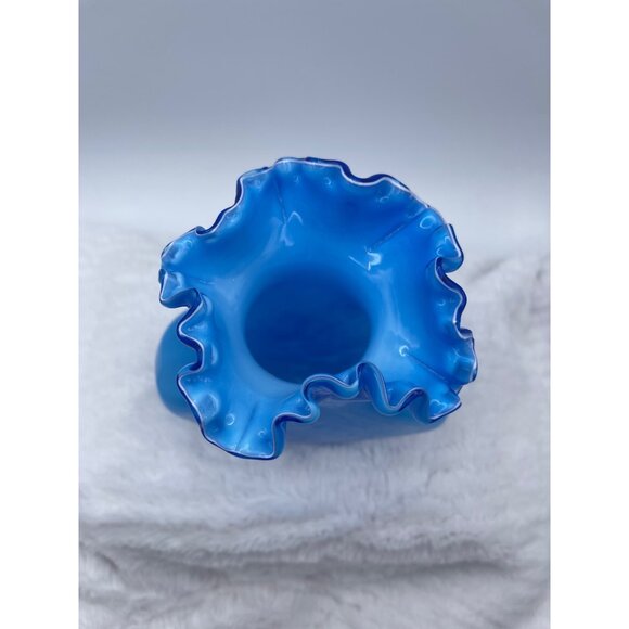 Vintage Hand-Blown Vase Bright Sky Blue and White Accents, Ruffled Edge - Picture 4 of 10